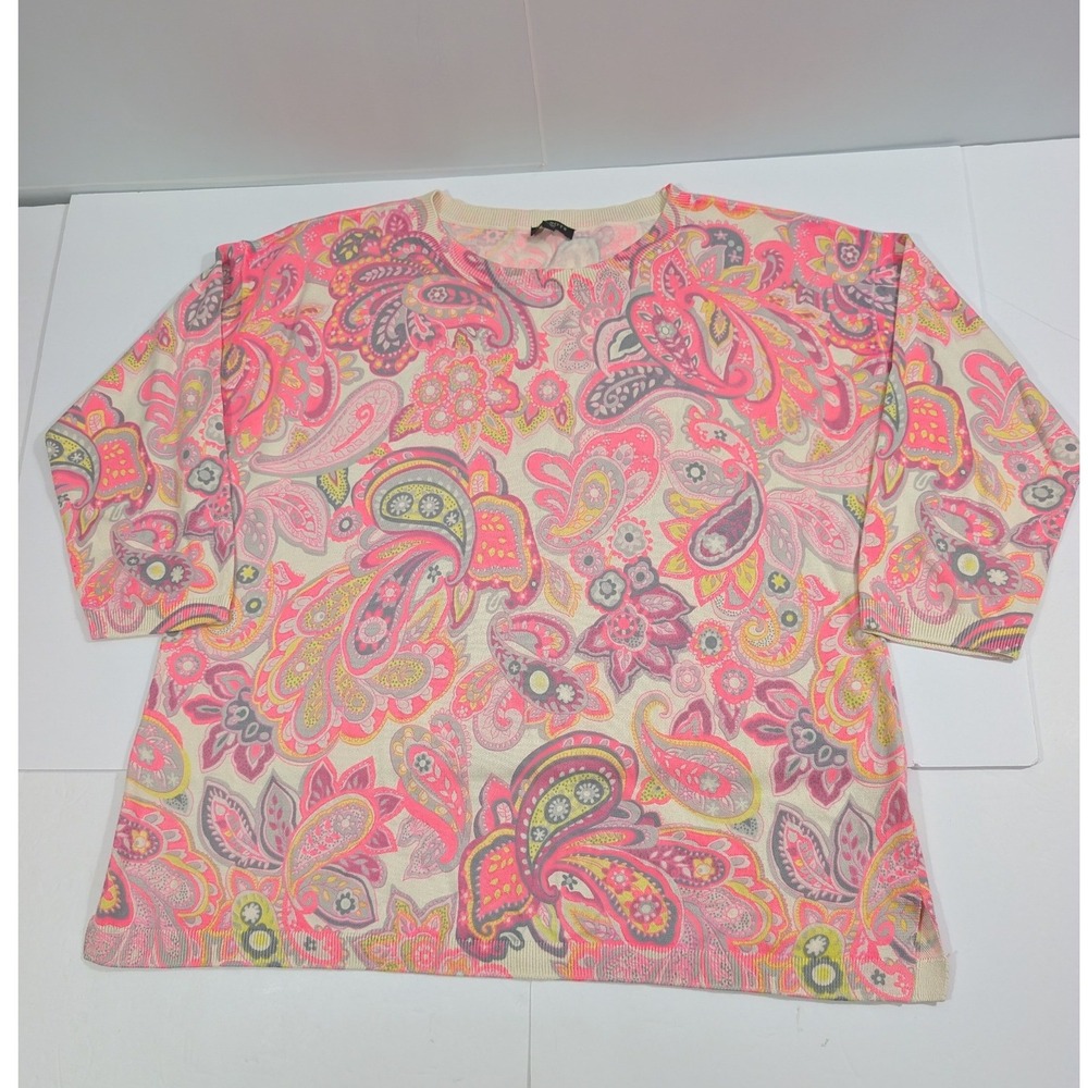 Talbots Petites Pink Paisley Knit Sweater Crew Neck 3/4 Sleeve Size LP Coastal